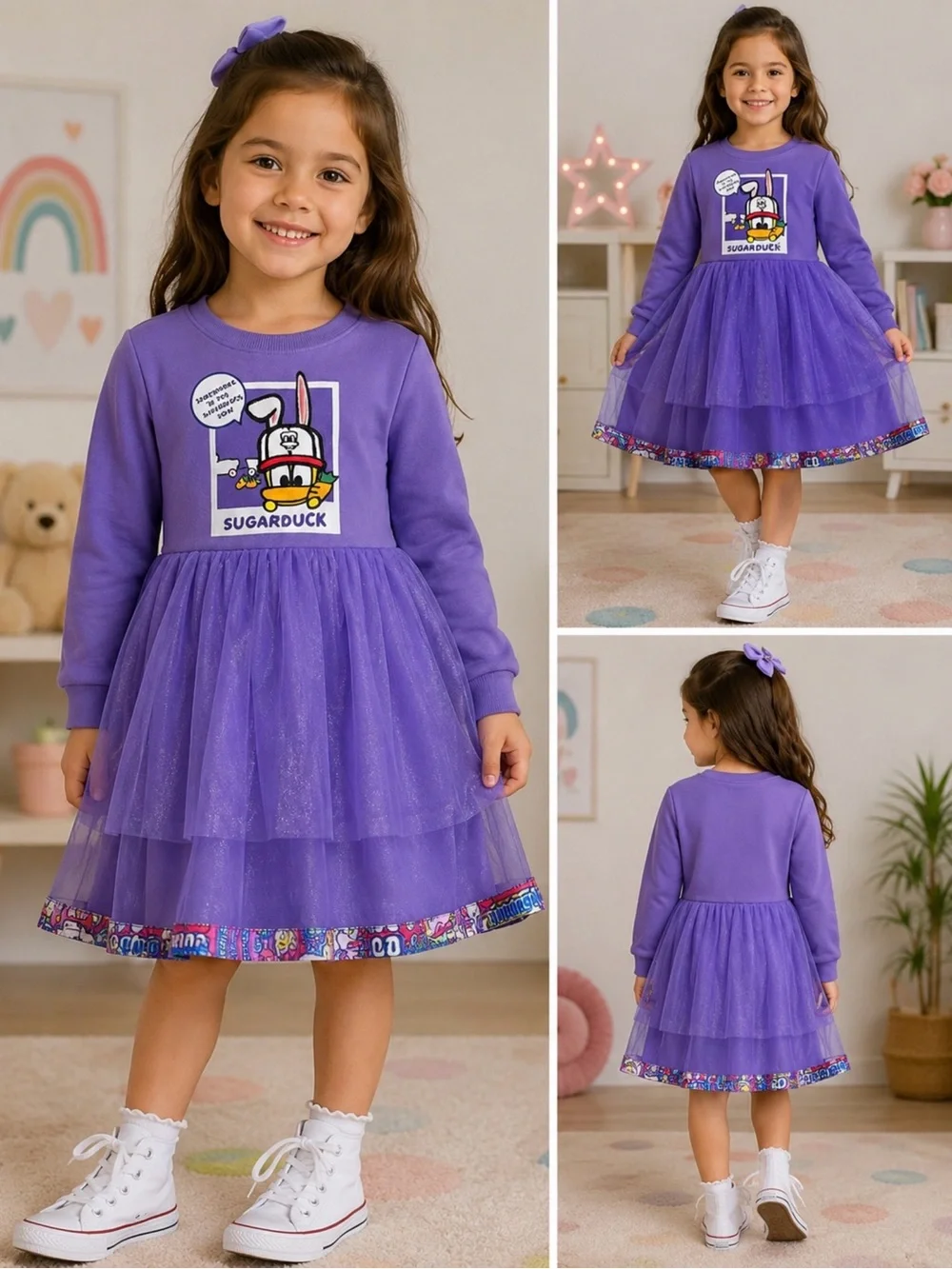 Sugar Duck Girls Purple Tulle Graphic Sweatshirt Dress Size 6/7